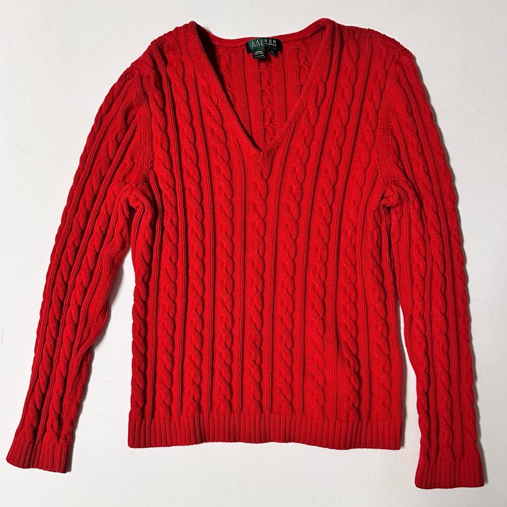 Lauren Ralph Lauren Women’s XL Red Cable Knit Sweater Cotton Blend V Neck Preppy
